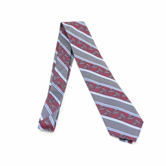 Pronto Uomo Red Gray Blue‎ Striped Paisley Striped Geometric Woven Long Silk Tie - Picture 7 of 7